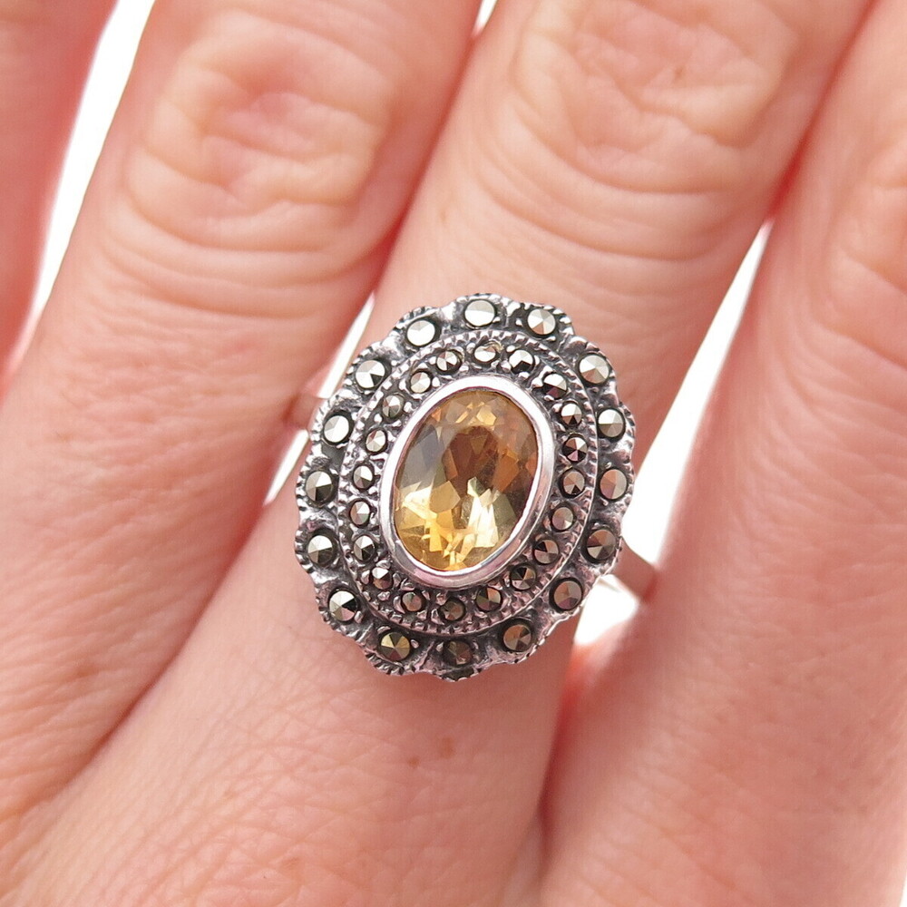 925 Sterling Silver Vintage Real Citrine & Marcasite Oxidized Ring Size 8.25
